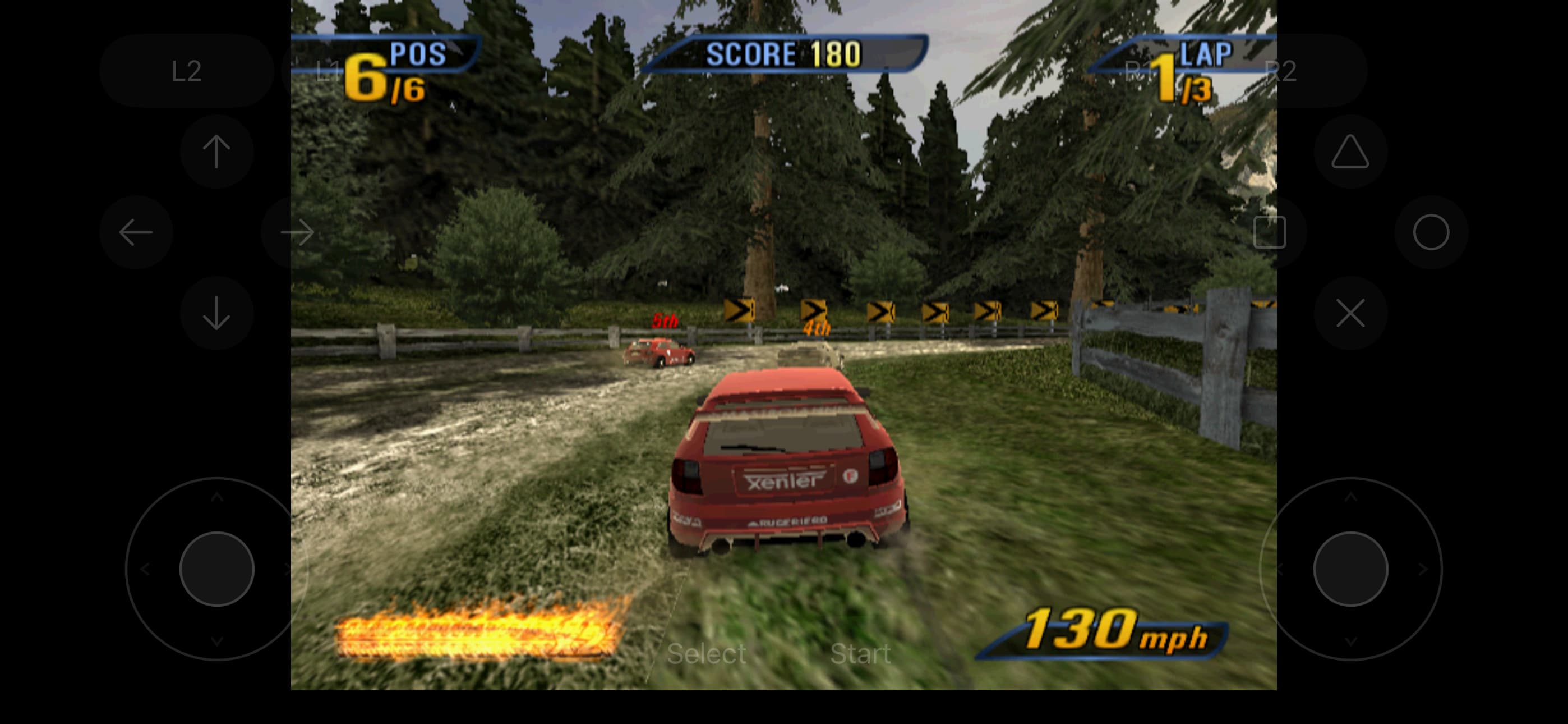 Burnout 3: Takedown gameplay on iPhone with the actual native analog sticks, D-pad, face buttons and shoulder controls visible