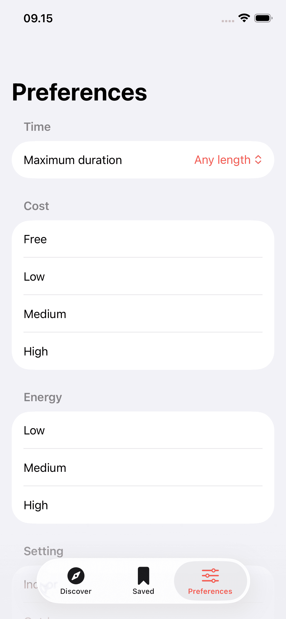 Endless Activity native preference controls for practical activity constraints