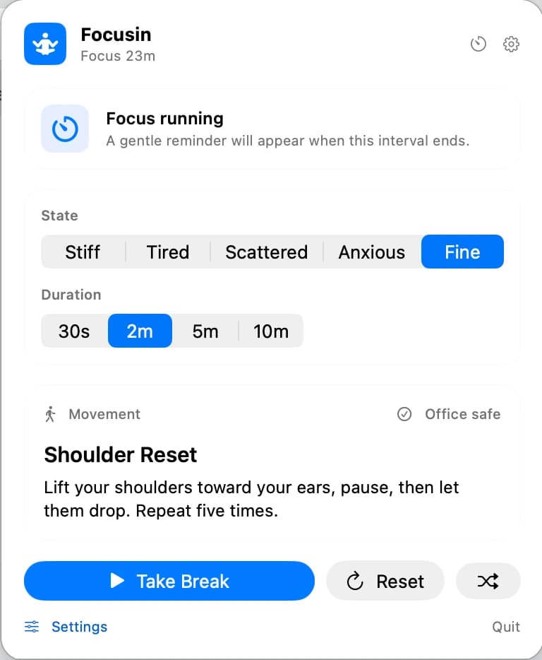 Focusin focusing popover with state and duration selectors and a recommended micro-break