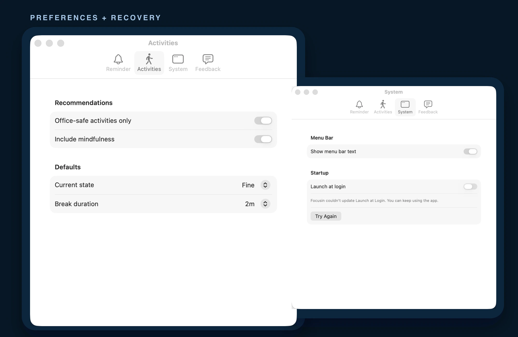 Focusin activity and system settings showing local preferences and recovery