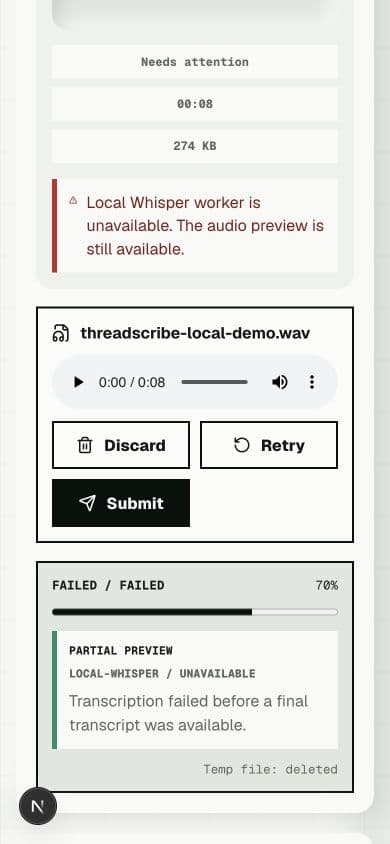 ThreadScribe recoverable worker failure state