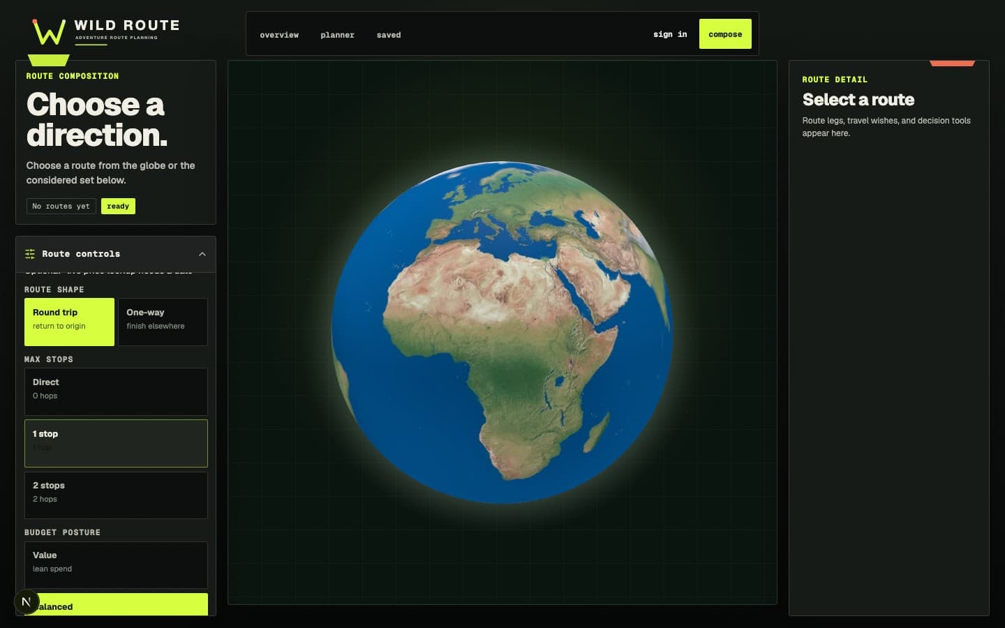 Wild Route composer with the Singapore travel brief and editable journey constraints