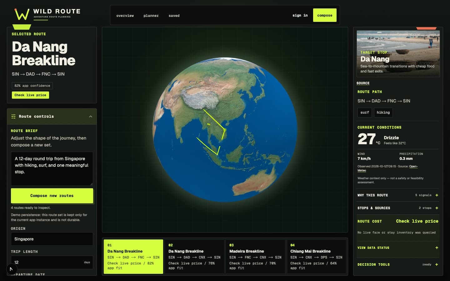 Wild Route ranked planner showing a round-trip route with destination imagery, route legs, and planning status