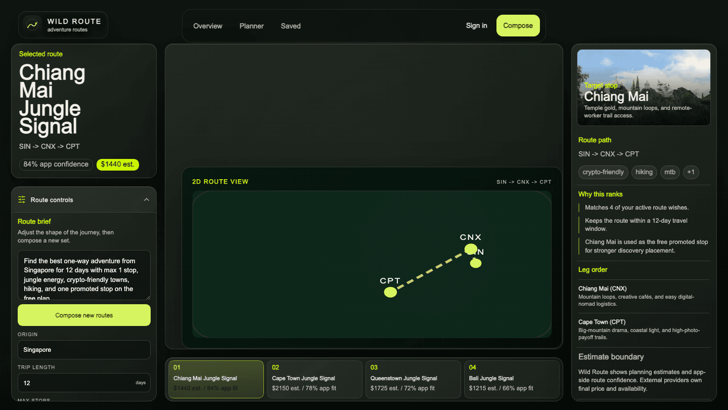 Wild Route selected route planner with ranking reasons