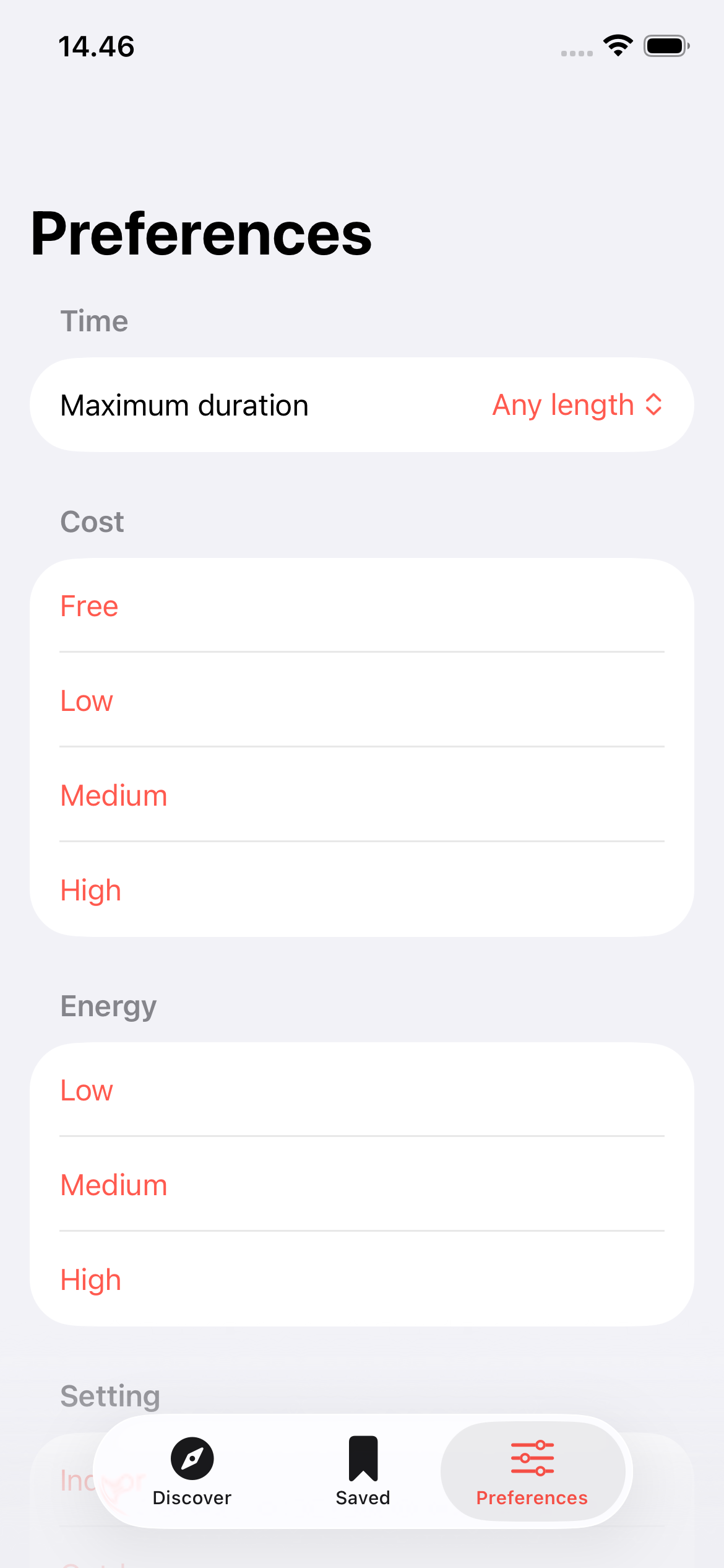 Endless Activity Preferences screen with duration, cost, energy, and setting controls