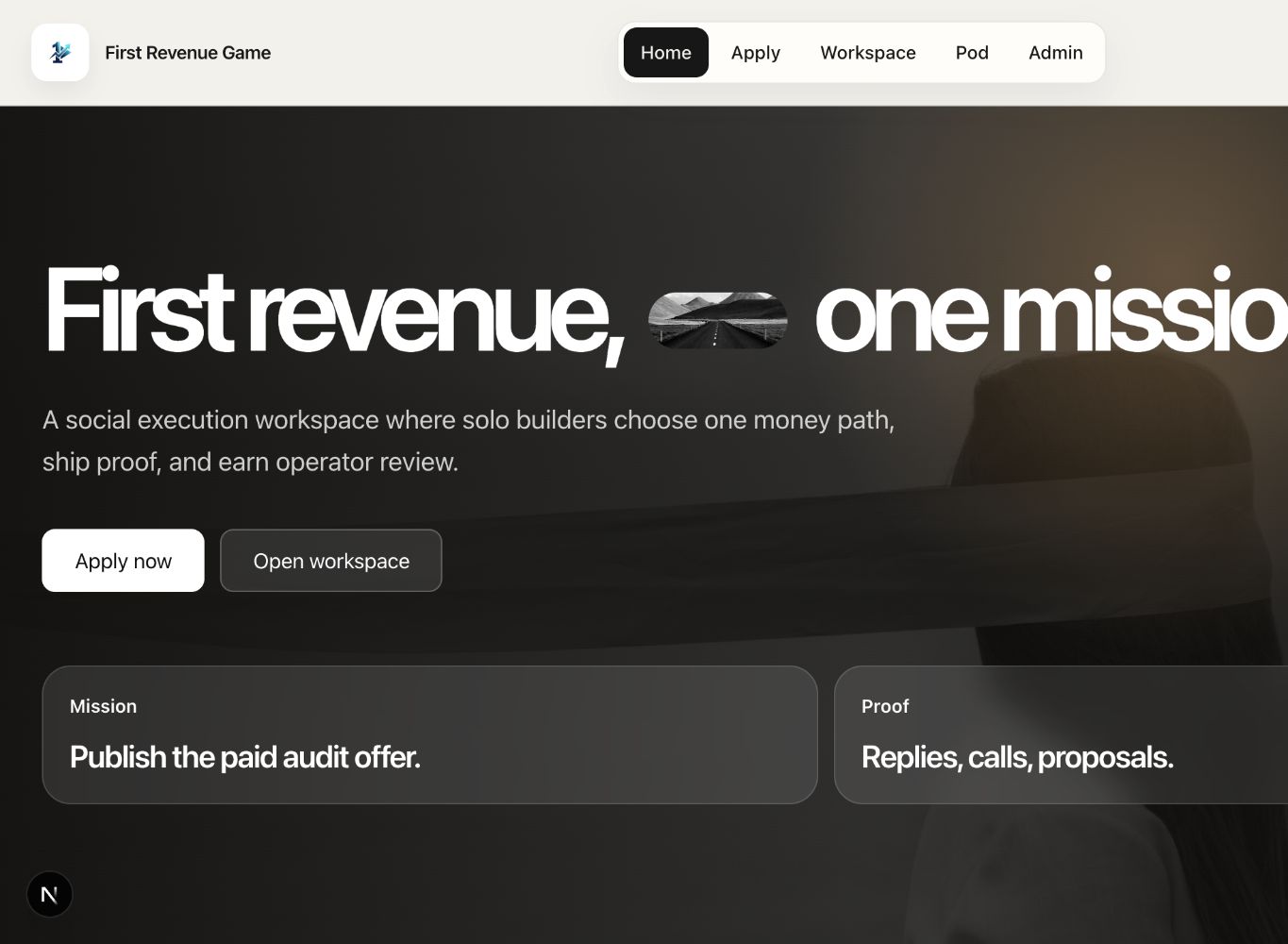 First Revenue Game landing page explaining its mission-first revenue workflow