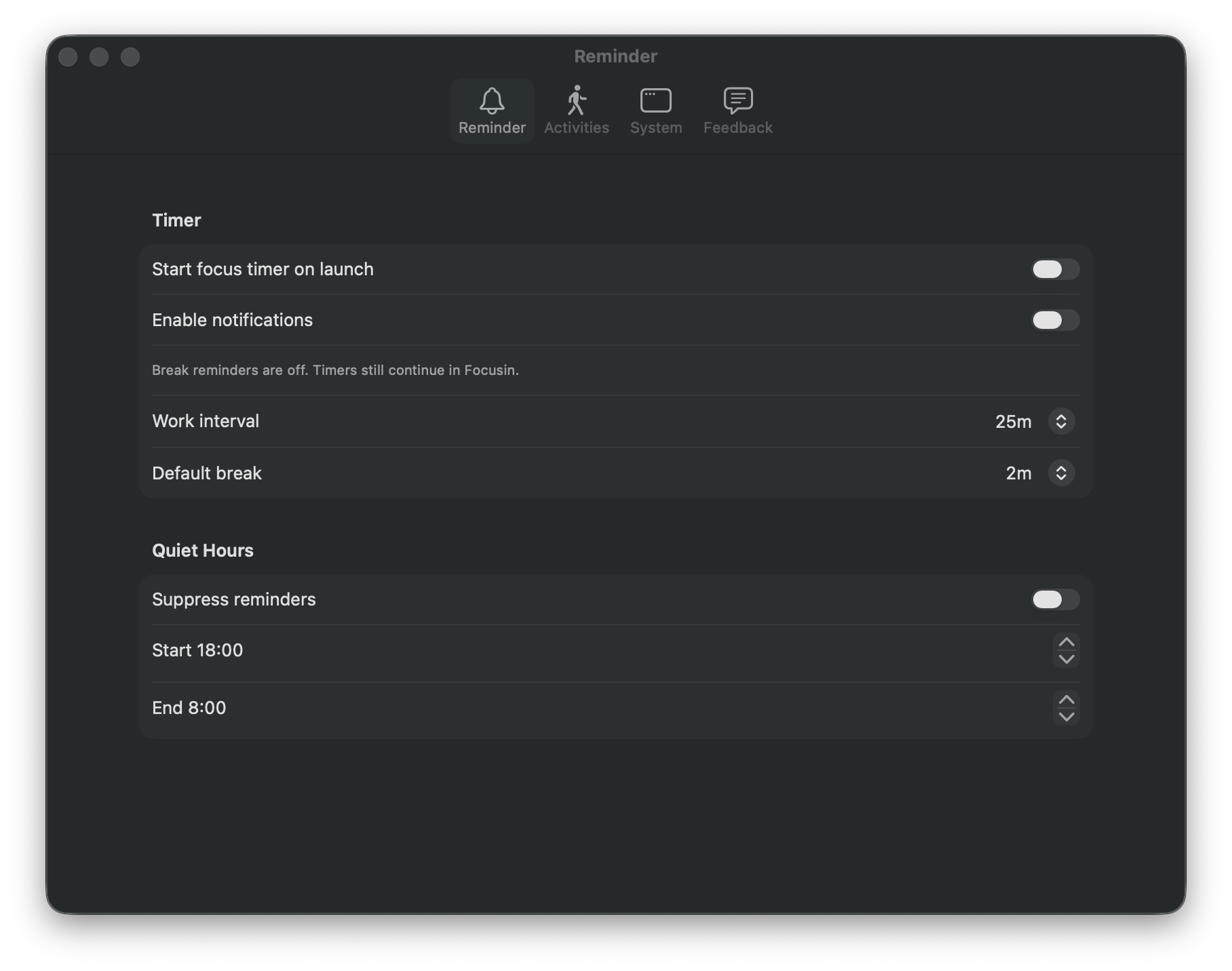 Focusin dark-mode Reminder settings with notification, focus interval, break duration, and quiet-hours controls