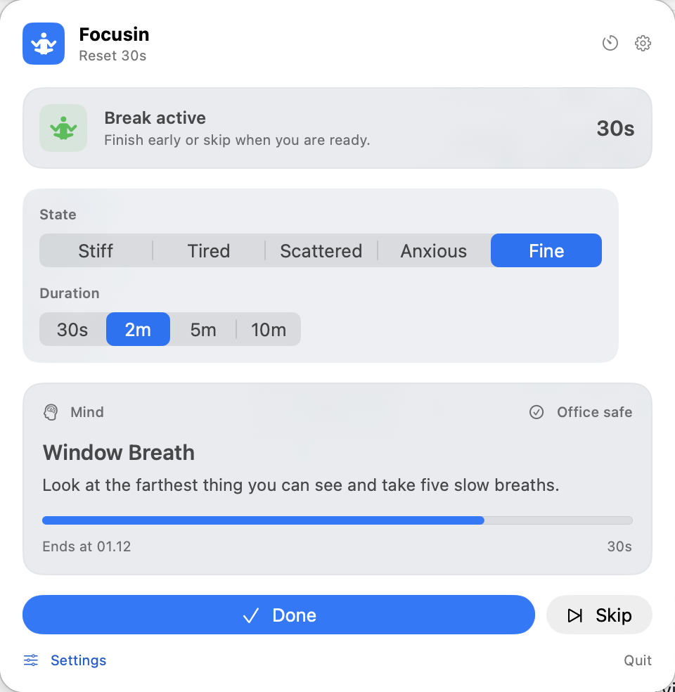 Focusin active break screen with Window Breath recommendation, progress, Done, and Skip controls