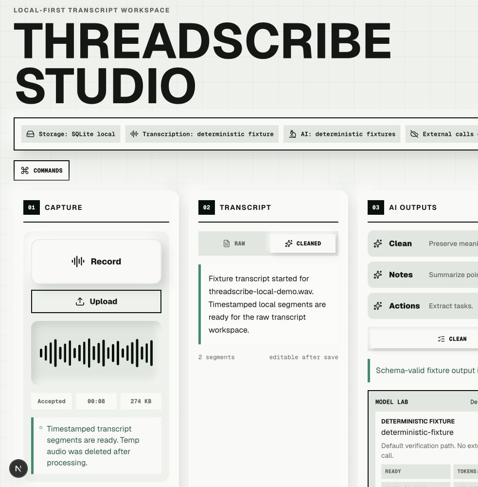 ThreadScribe cleaned transcript with provider mode, confidence, safety, and off-device metadata
