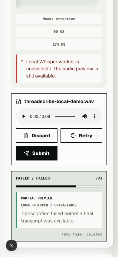 ThreadScribe local Whisper worker failure with retry and retained audio preview