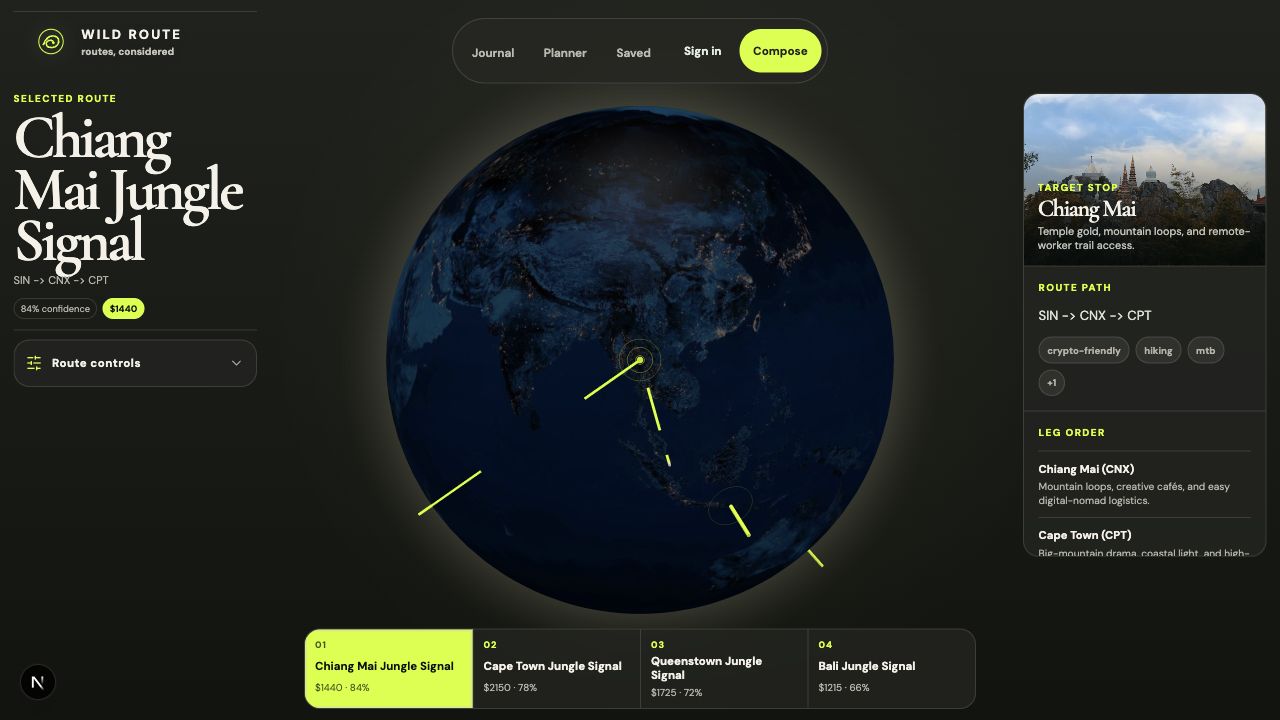 Wild Route planner with a selected route and globe visualization